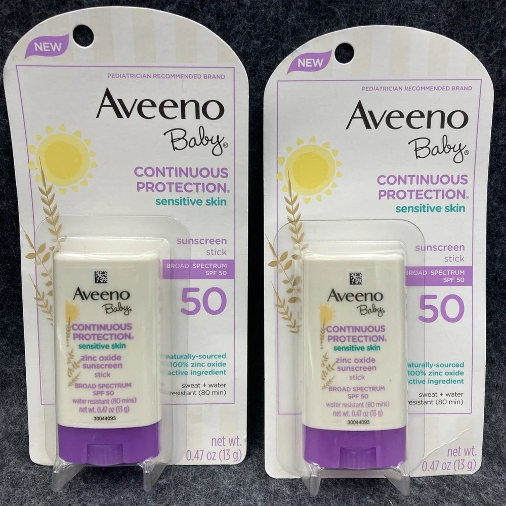 2 Pack Aveeno Baby Sensitive Skin Sunscreen Stick SPF 50 0.47oz Each Zinc Oxide